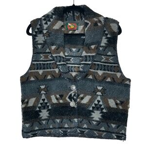 Alps VTG Southwestern Fleece Vest Shawl Collar Geometric Print Silver Buttons L‎